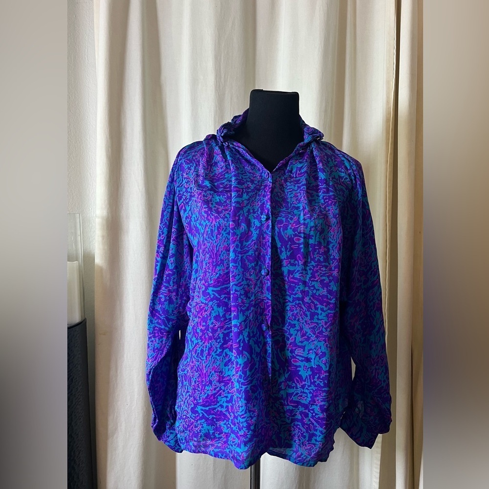 Vintage Zashi Printed Silk Long Sleeve Blouse Sz M